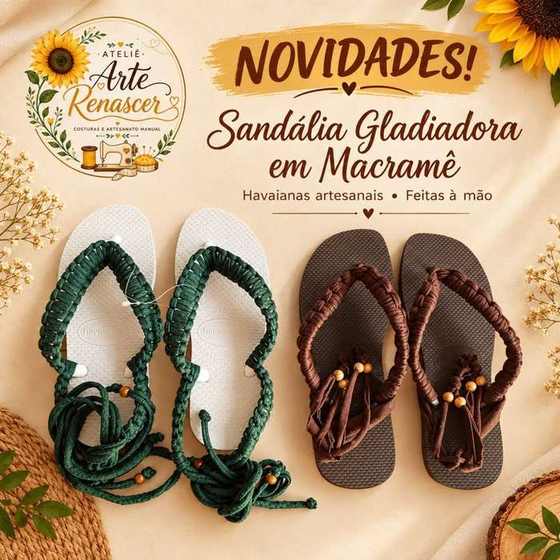 Anúncio original das sandálias gladiadoras artesanais, com texto integral visível
